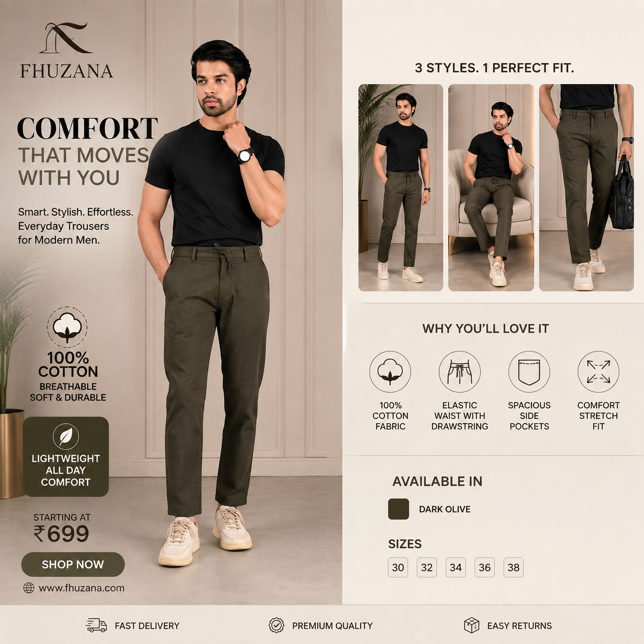 FHUZANA dark olive cotton pajama for men with a comfortable fit, soft fabric and clean finishing.