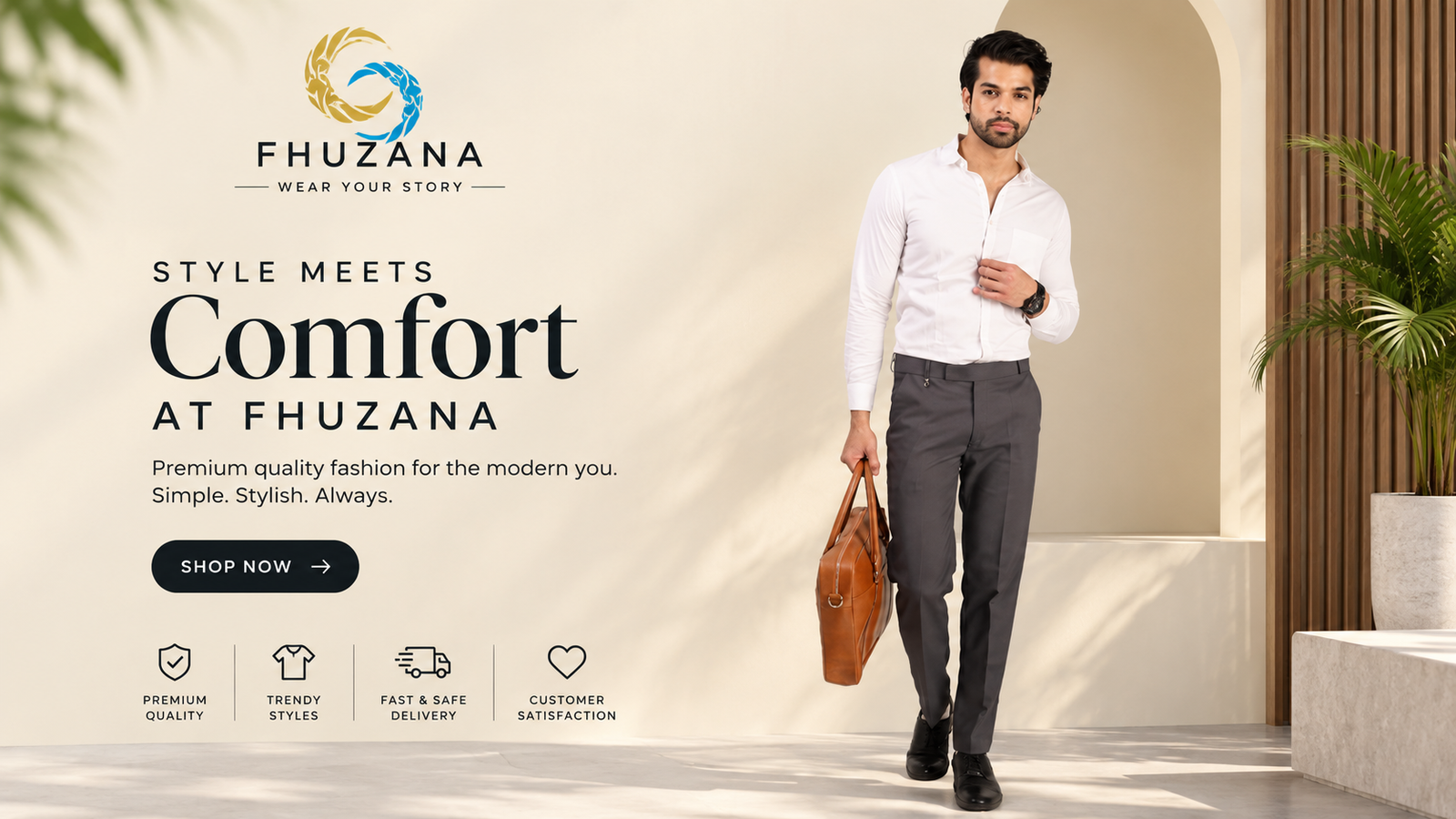 FHUZANA men's formal trousers with white shirt, showcasing elegant and comfortable fashion