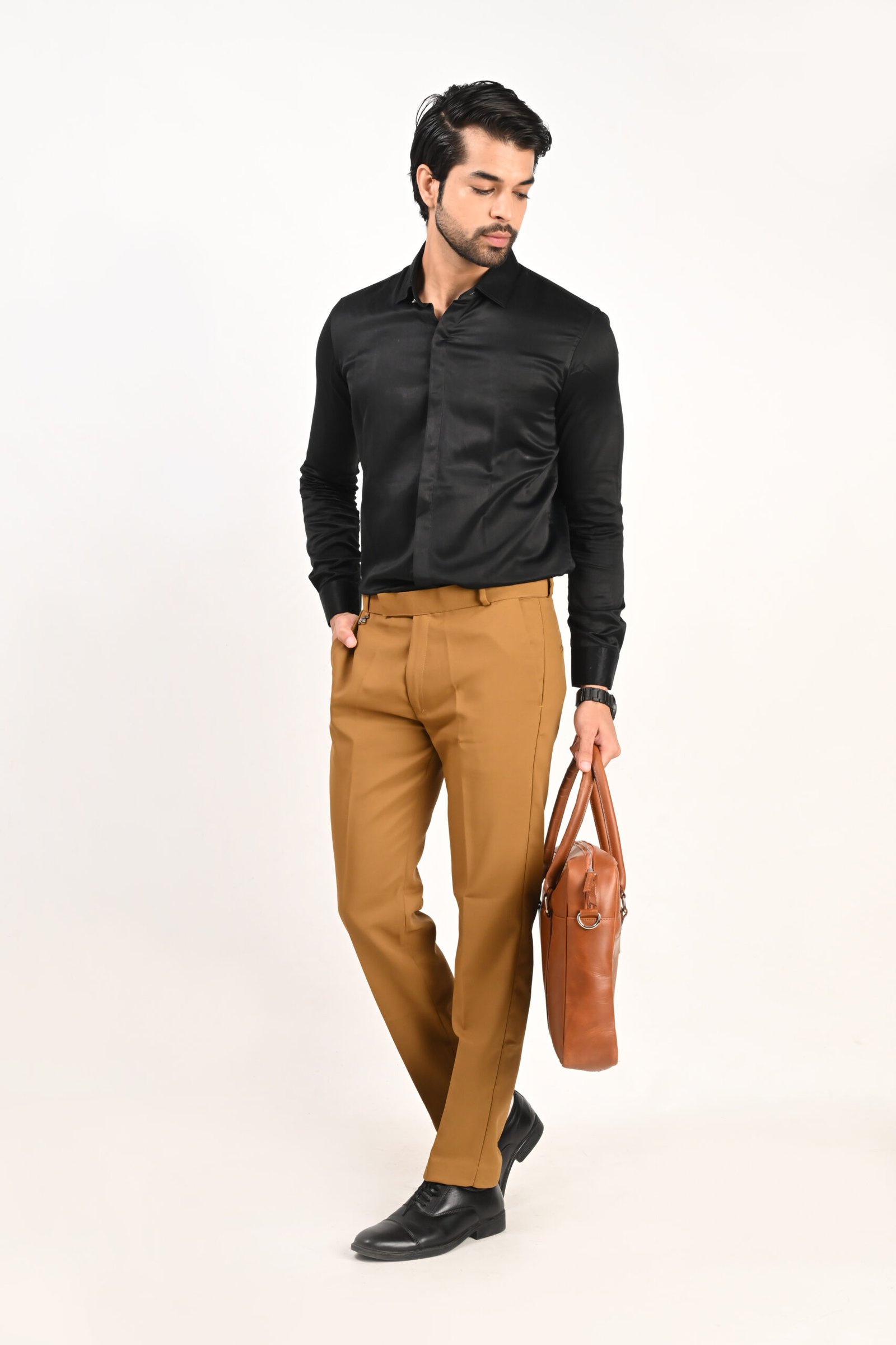 FHUZANA golden colour men's formal trouser with a smart tailored fit and elegant design.