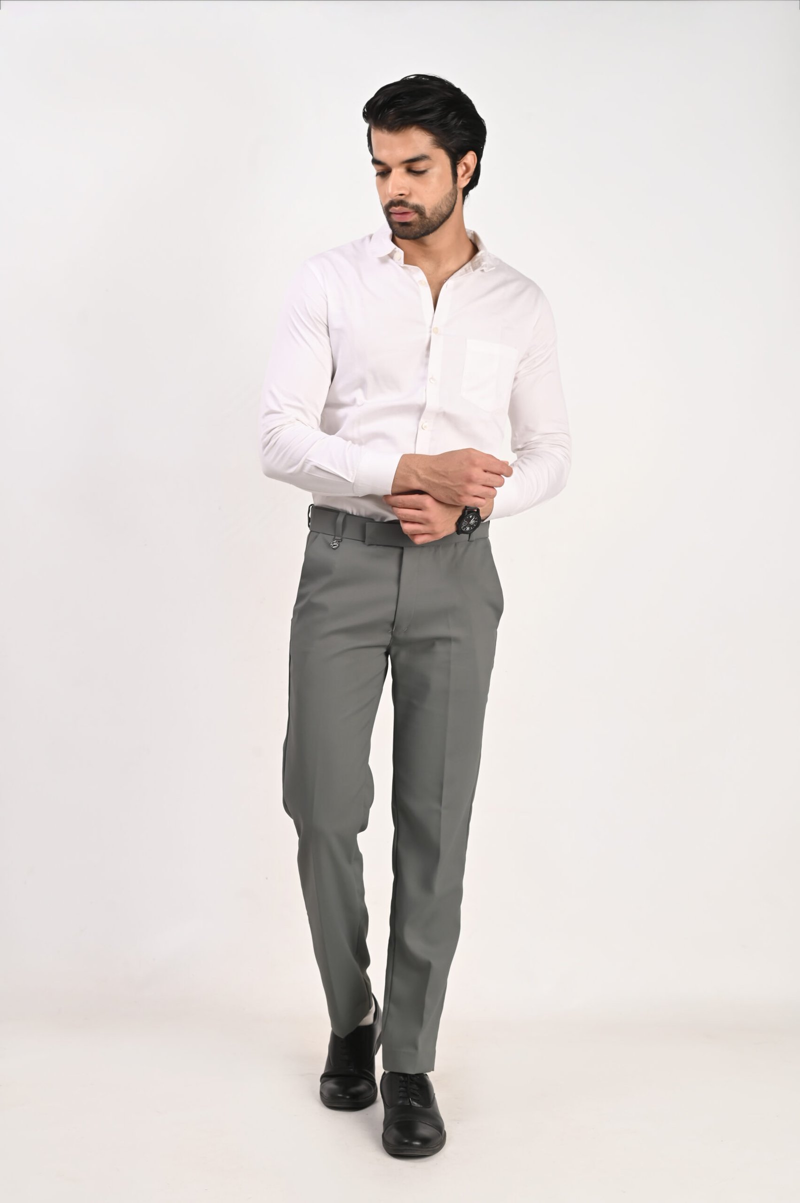 FHUZANA dark grey men's formal trouser with a smart tailored fit, neat stitching and premium finishing.