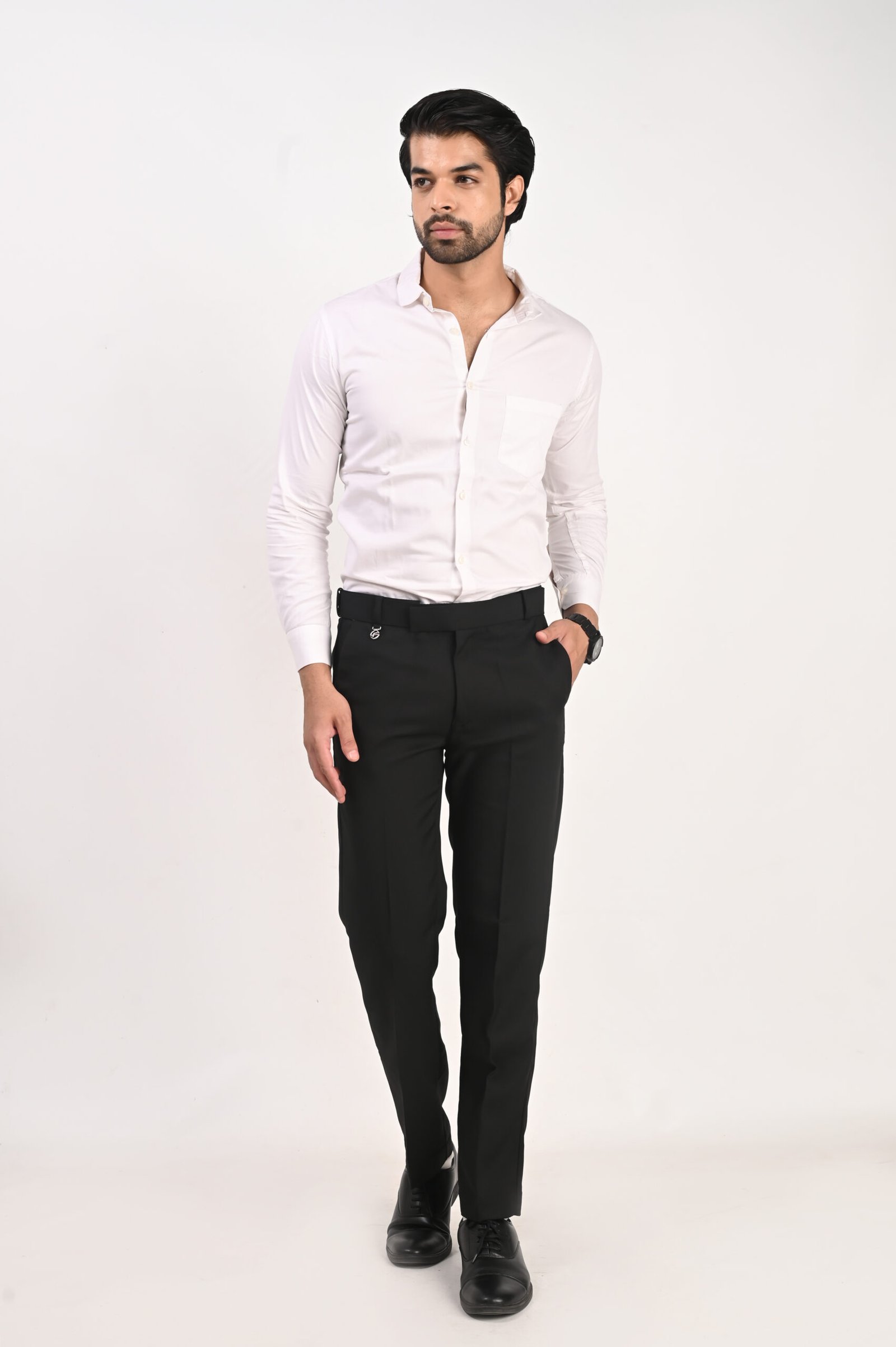 FHUZANA black colour men's formal trouser featuring a smart tailored fit, neat stitching and an elegant professional look.