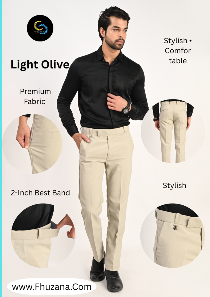 FHUZANA light olive colour formal trouser featuring a comfortable 2-inch waistband and clean tailored fit.