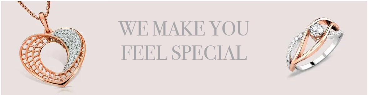 Jewellery banner featuring a heart-shaped pendant and a ring with the message “WE MAKE YOU FEEL SPECIAL” on a soft neutral background.