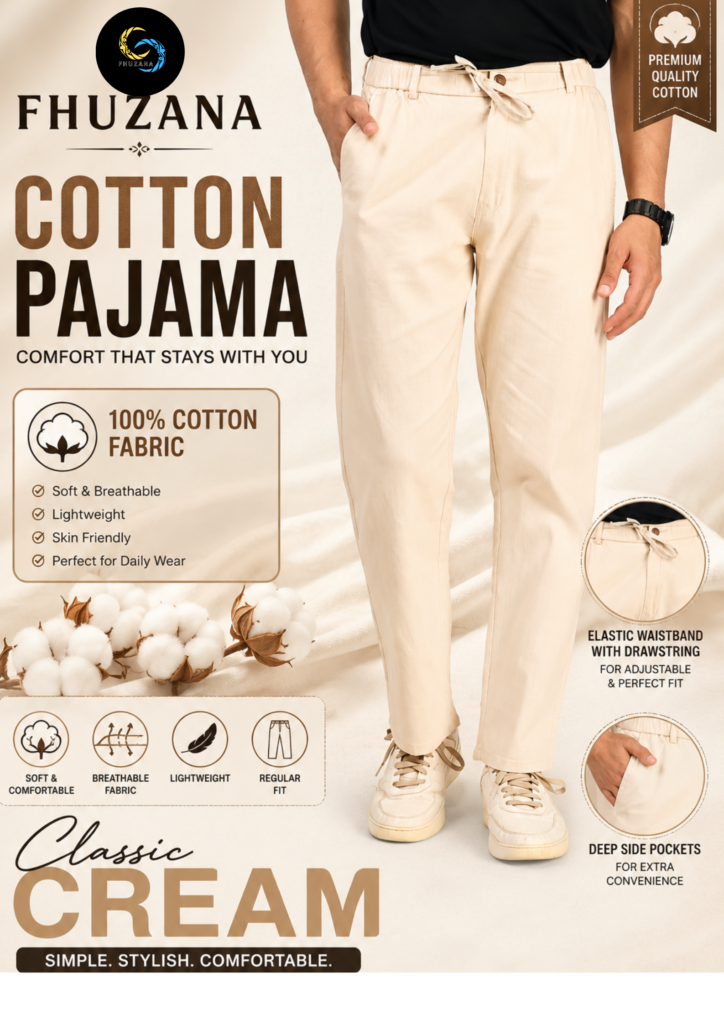 FHUZANA cream colour men's pajama with a comfortable fit and clean, simple design.