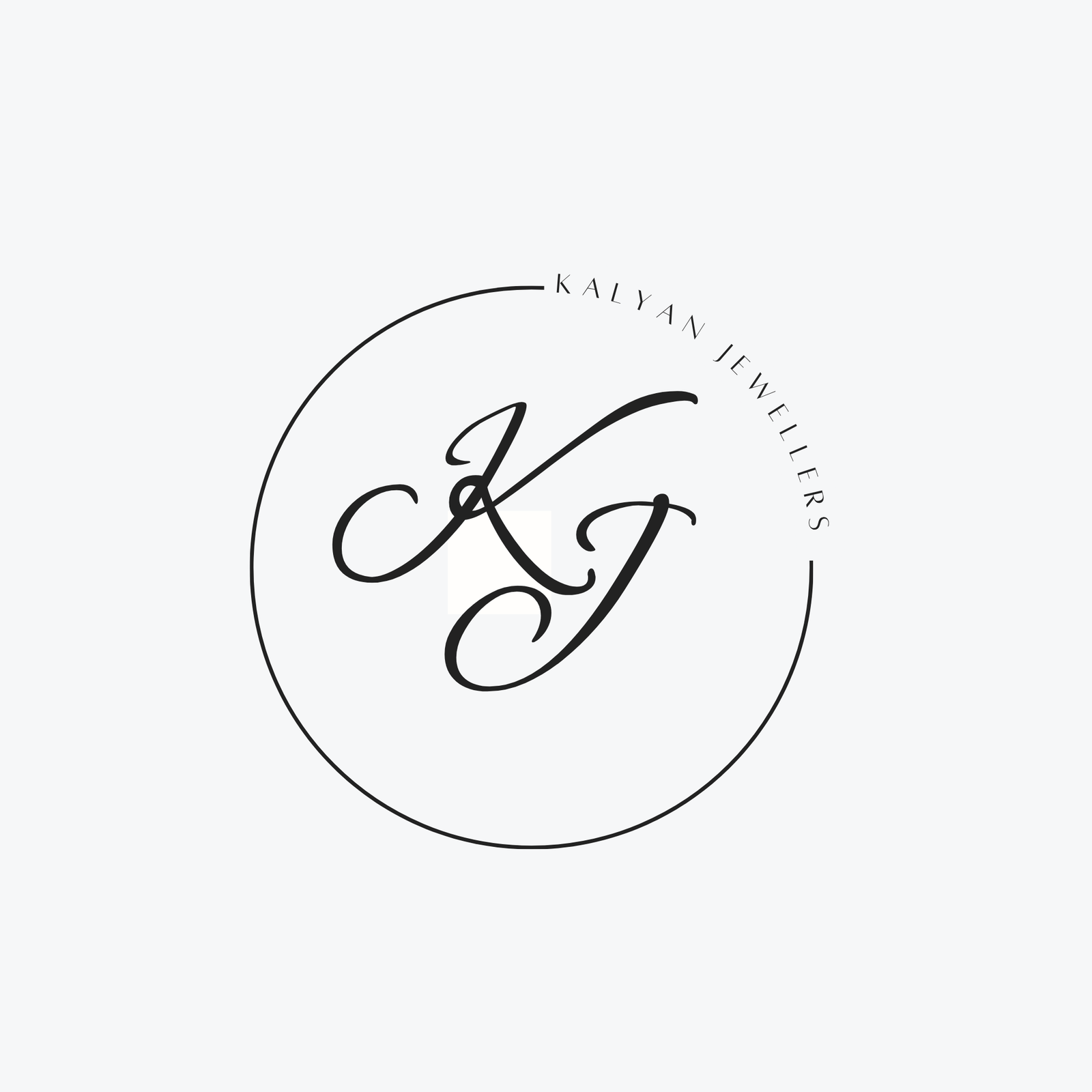 Minimalist black-and-white logo featuring a stylized “KJ” monogram inside a circular outline, with “KALYAN JEWELLERS” curved along the upper-right side.