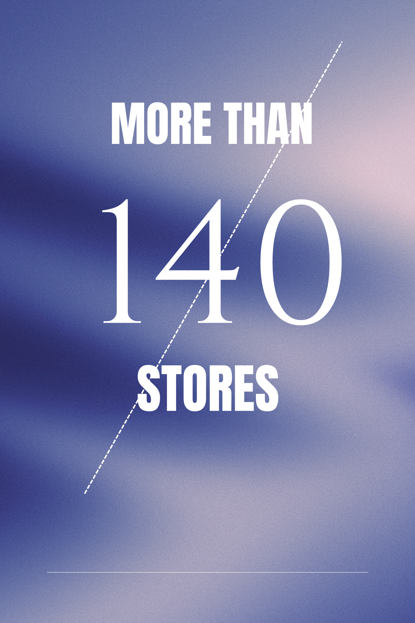 Promotional graphic with the text “MORE THAN 140 STORES” in white typography over a soft blue and purple gradient background.